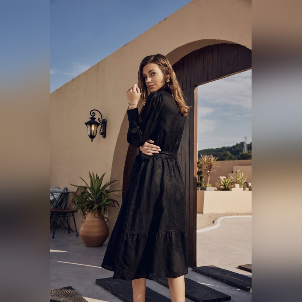 NWT - Flax-Linen Frieeah Black Midi Shirtdress with Pockets & Belt - Size XL - Picture 4 of 8